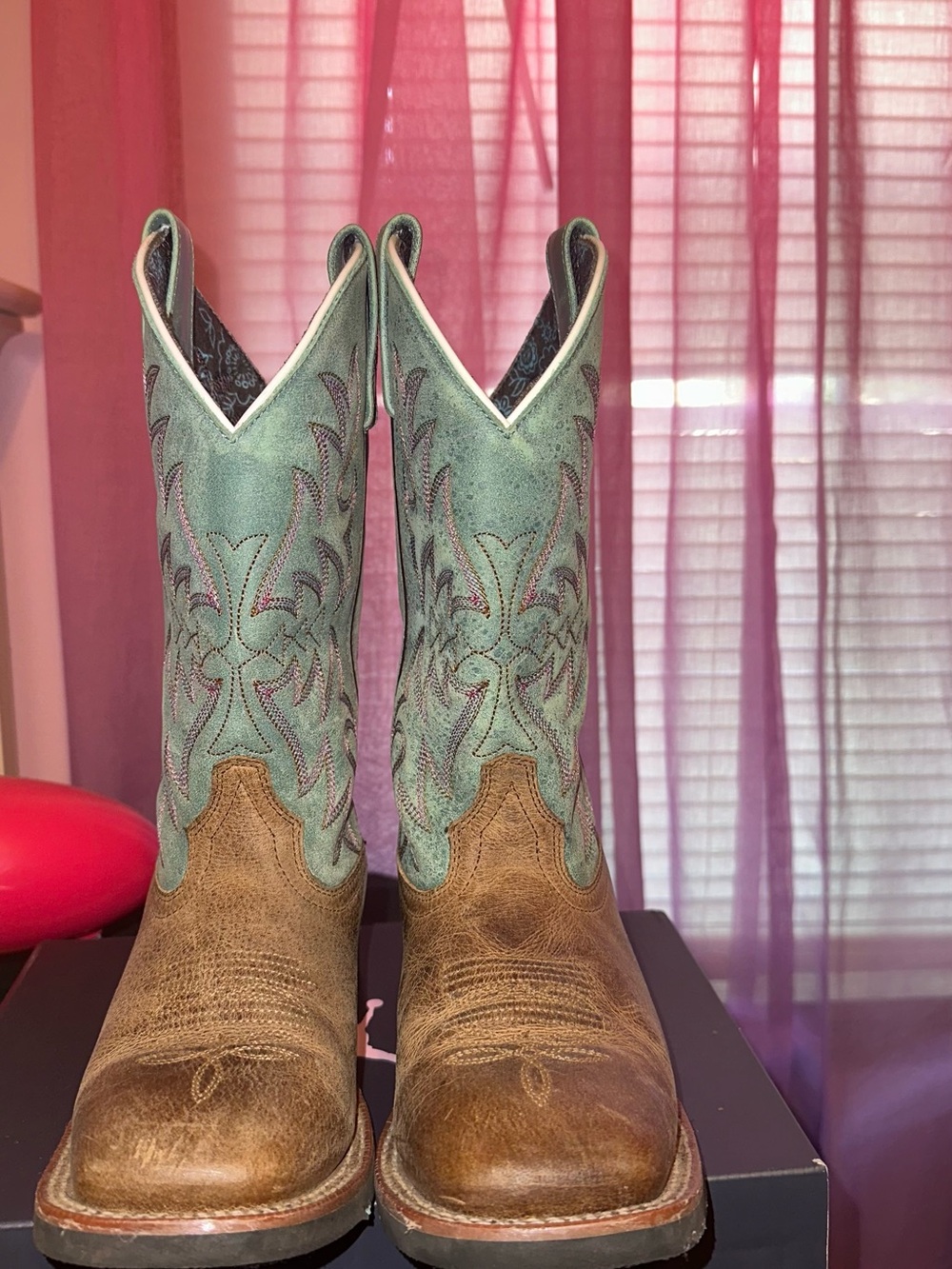 Laredo Brown & Teal Western Stitch-Detail Cowgirl Boots